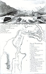 Een Perspectief van Lake George en een Plan van Ticonderoga door American School